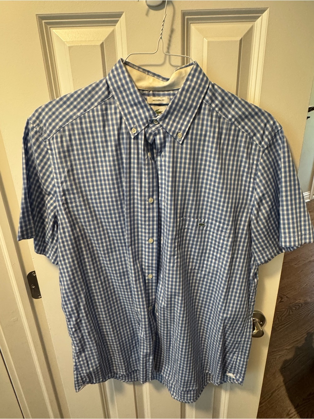 Lacoste Men's Blue Gingham Short-Sleeve Button-Down Shirt